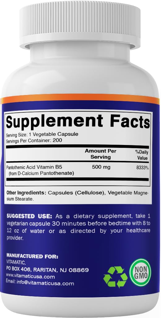 Vitamatic Pantothenic Acid bottle with label and capsules promotes everyday health habits.