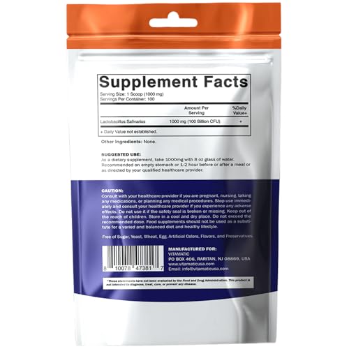 Vitamatic probiotic powder jar label highlights potency and allergen-free features.