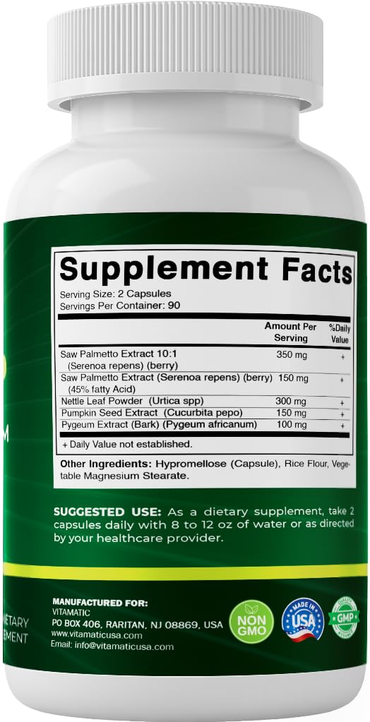 Vitamatic Saw Palmetto Extract USA-made GMP badge on bottle