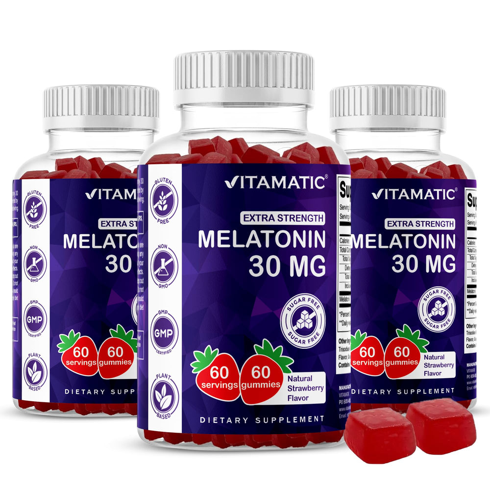 Vitamatic gummy bottle shows strawberry flavor for a relaxed bedtime routine.
