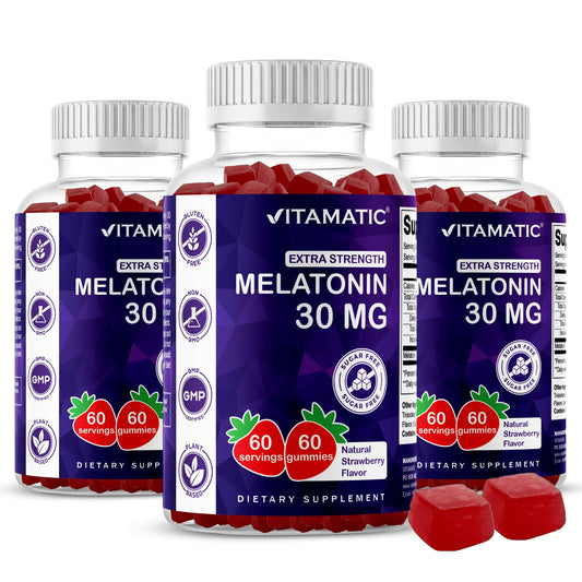 Vitamatic gummy bottle shows strawberry flavor for a relaxed bedtime routine.