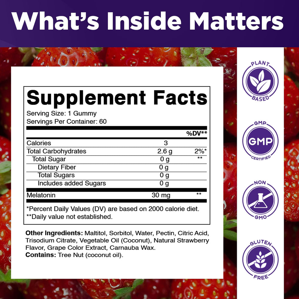 Vitamatic gummies pouring to show 30 mg per gummy for nightly use.
