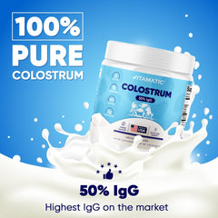 Unflavored Vitamatic colostrum powder in a bowl ready to mix into drinks.