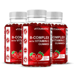 Vitamatic Vitamin B Complex Gummies bottle with natural strawberry flavor for daily energy support