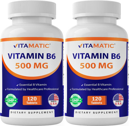 Vitamatic Vitamin B6 bottle close-up, 500 mg tablets that may support energy production.