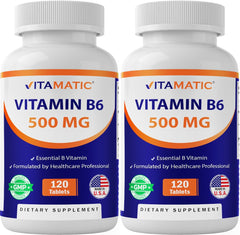 Vitamatic Vitamin B6 bottle close-up, 500 mg tablets that may support energy production.