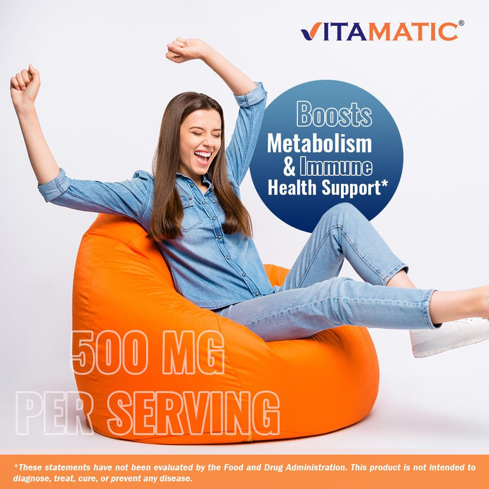 Vitamatic Vitamin B6 tablets inside bottle, easy to swallow for on-the-go nutrition.