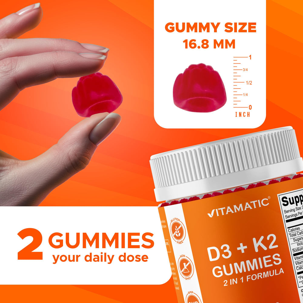 Vitamatic gummies poured to show easy daily intake and raspberry flavor