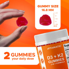 Vitamatic gummies poured to show easy daily intake and raspberry flavor