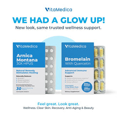 VitaMedica Arnica and Bromelain blister pack back view showing dosage info.