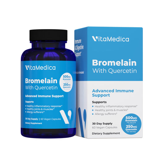 VitaMedica Bromelain & Quercetin bottle shows 60 vegan capsules for daily wellness.