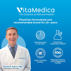 VitaMedica Bromelain & Quercetin lab-tested seal signals quality assurance.