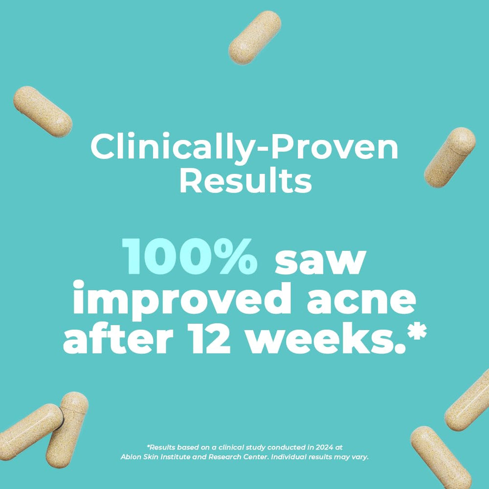 Closeup of VitaMedica Clear Skin Formula capsules for internal complexion balance