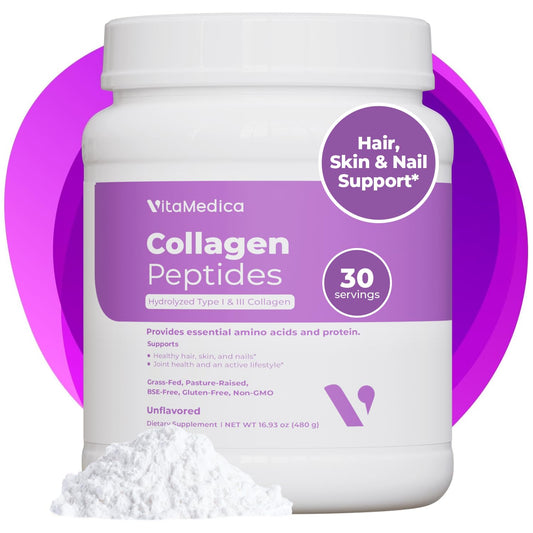 VitaMedica Collagen Peptides tub label highlighting grass-fed collagen for healthy daily protein.