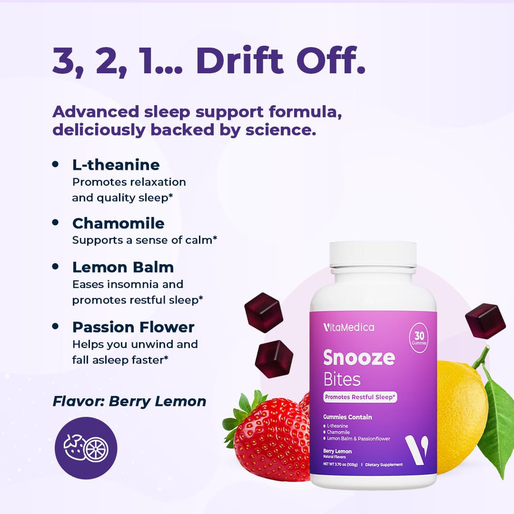 VitaMedica Snooze gummies berry lemon flavor suggesting a calm night.