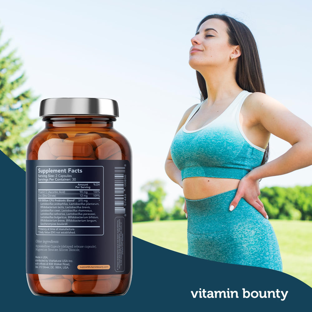 Vitamin Bounty Pro-100 delayed-release capsules designed to reach intestines.
