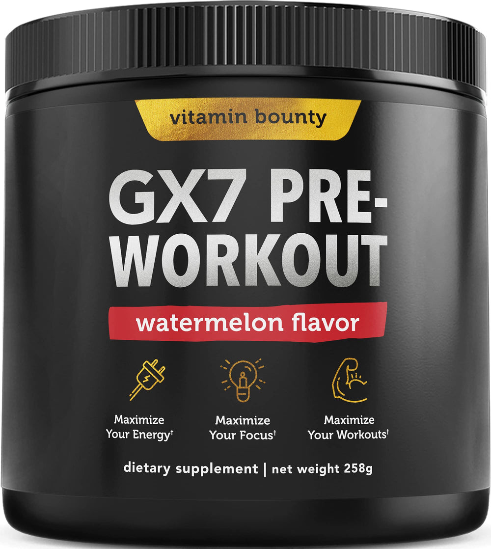 Vitamin Bounty GX7 Watermelon Scoop shows convenient pre-workout serving for quick energy.