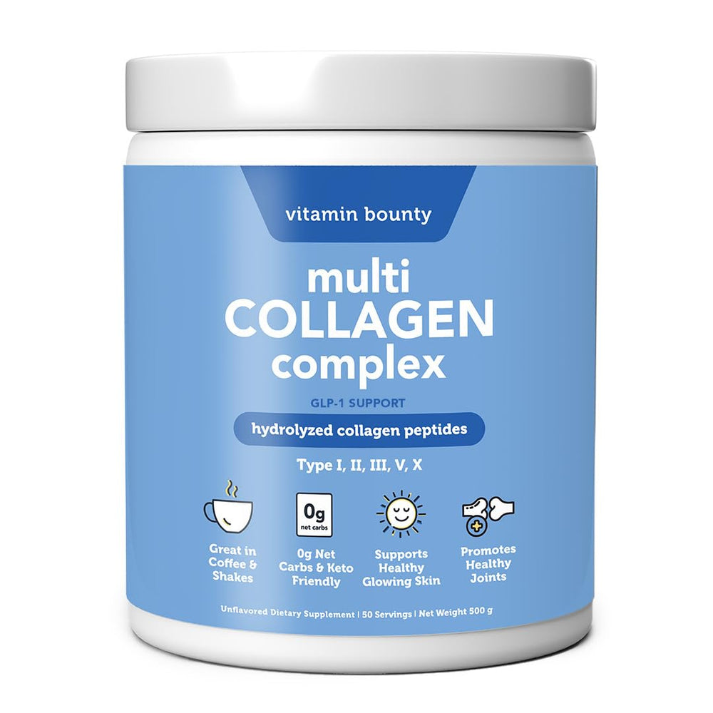 Vitamin Bounty Multi Collagen Complex bottle shown for daily skin and joint support