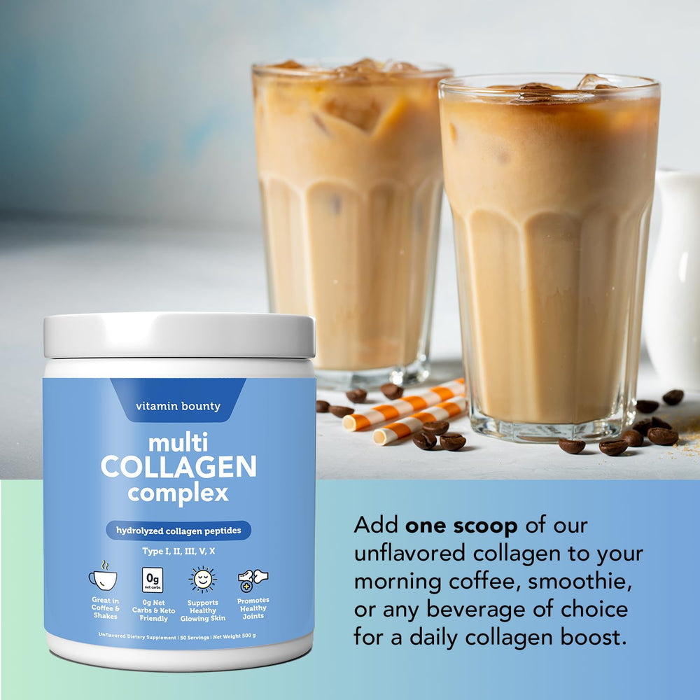 Vitamin Bounty Multi Collagen Complex powder close-up shows fine hydrolyzed peptides
