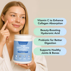 Vitamin Bounty multi-collagen peptides bottle back reveals ingredient blend for absorption and quality.