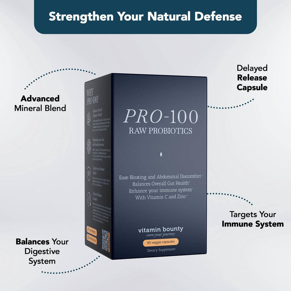 Close-up of Vitamin Bounty Pro-100 capsules with delayed-release design.