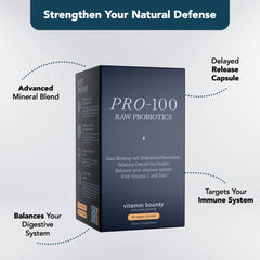 Close-up of Vitamin Bounty Pro-100 capsules with delayed-release design.