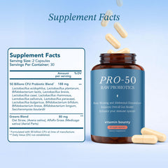 Vitamin Bounty Pro-50 bottle back label with strain details and dosage guidance