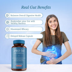 Close-up of Vitamin Bounty Pro-50 capsules showing delayed-release design for gut delivery