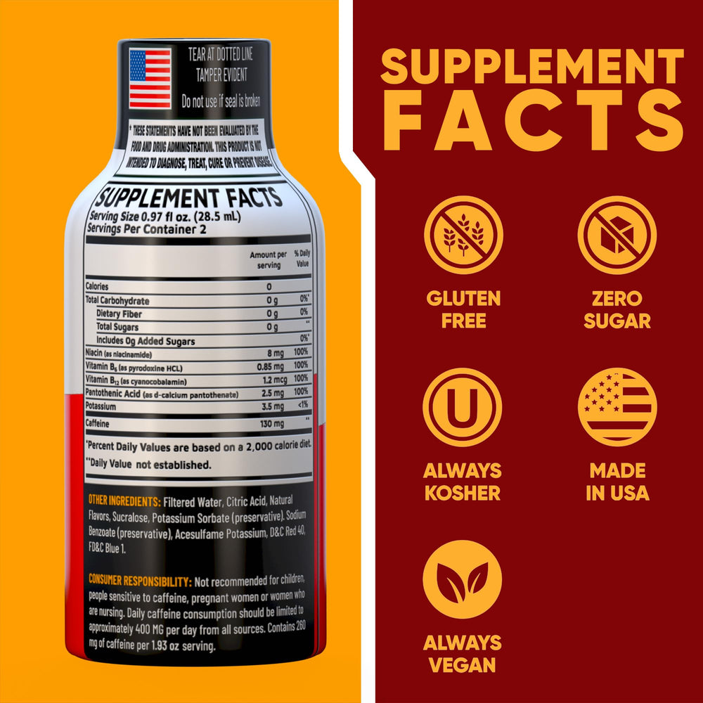 Vitamin Energy B12 Acai Pomegranate shot serving portion highlights two servings per bottle