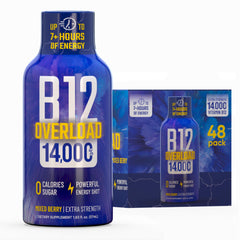 Vitamin Energy B12 Overload berry bottle on desk for steady focus.