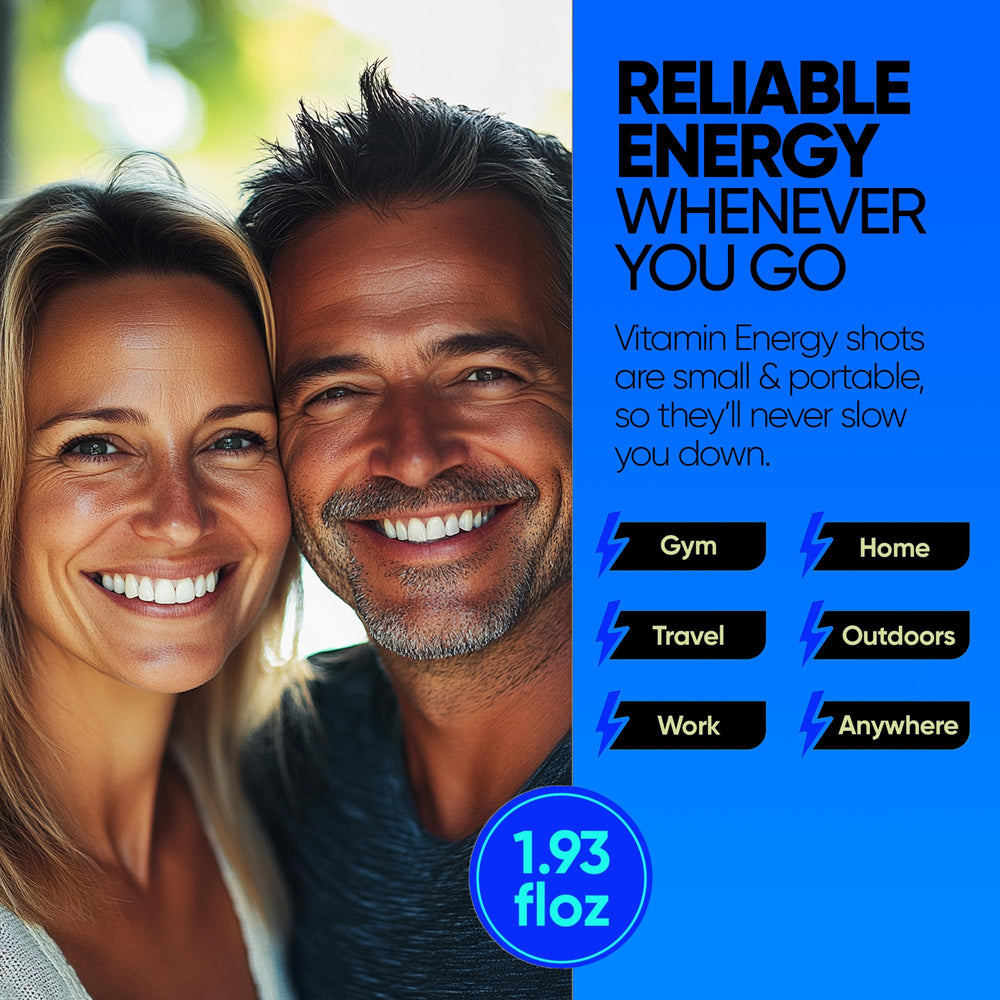 Closeup of Vitamin Energy B12 shot label highlighting zero sugar vegan formula