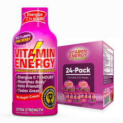 Vitamin Energy B12 shot pink berry 24-pack displayed for convenient energy.