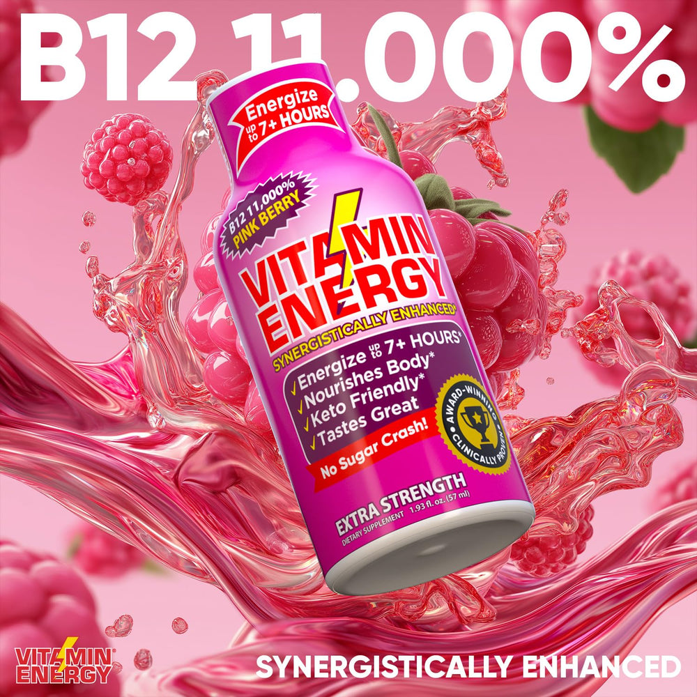 Vitamin Energy B12 shot pink berry bottle back label with nutrition info.