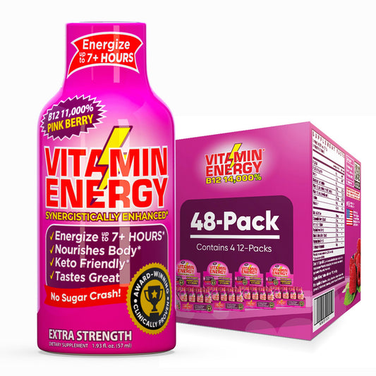 Vitamin Energy B12 pink-berry compact bottle for quick morning energy