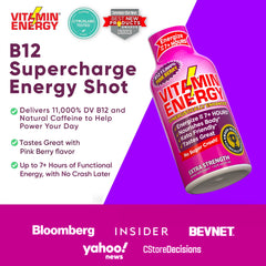 Vitamin Energy B12 shot pink berry nutrition facts close-up on label.