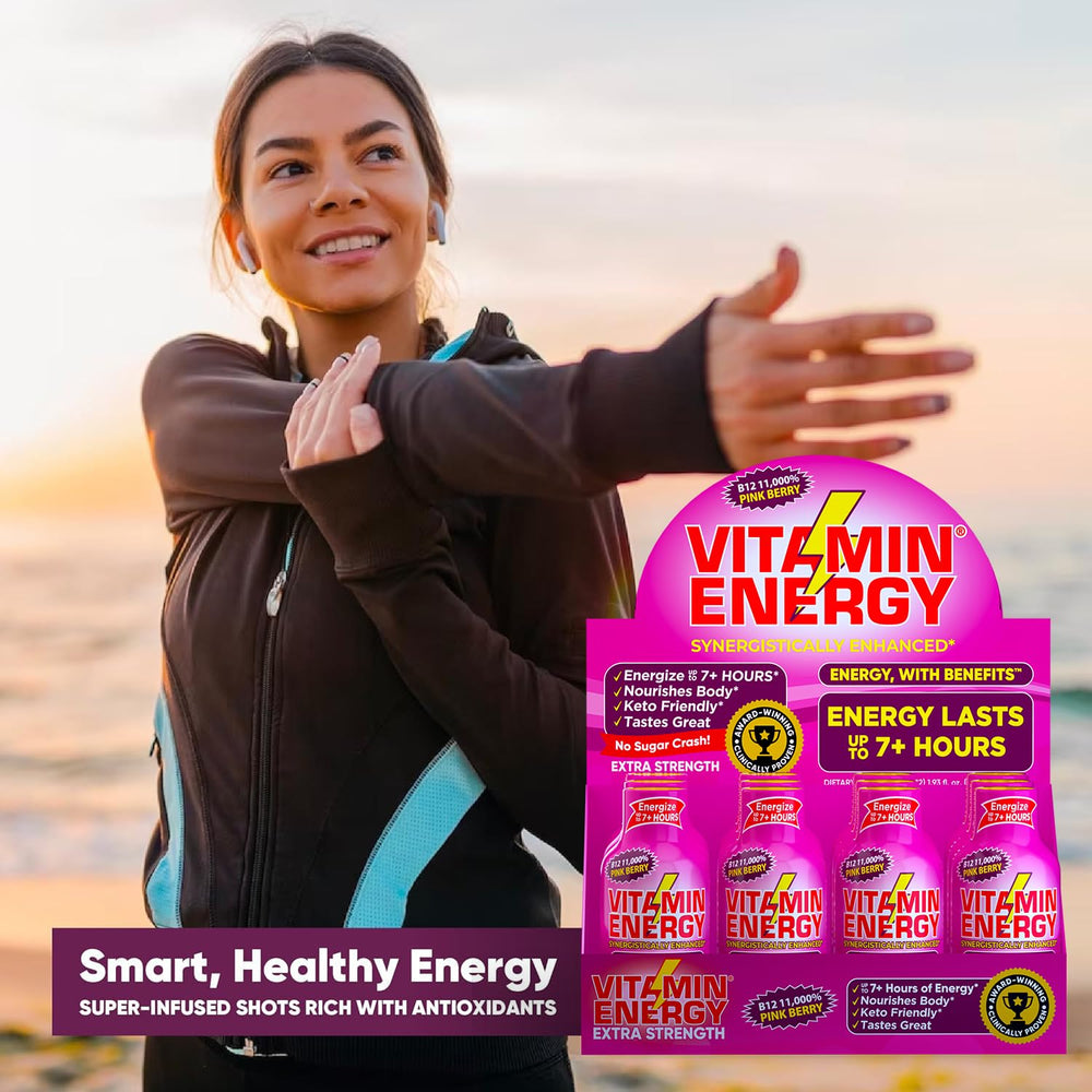 Vitamin Energy B12 shot pink berry portable travel-friendly bottle.