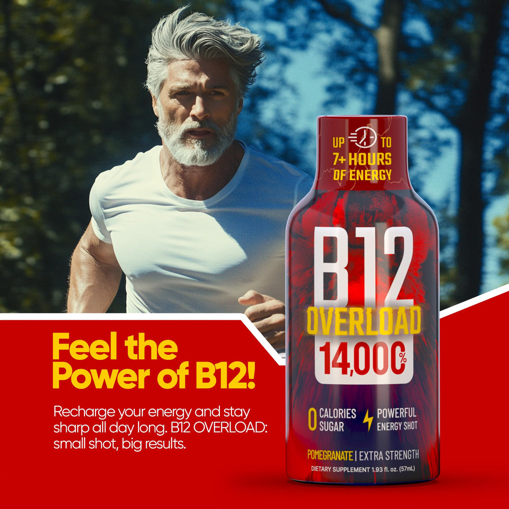 Vitamin Energy B12 Overload shot color signals vibrant pomegranate flavor.