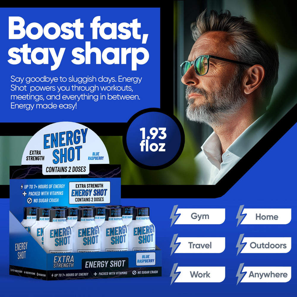 Vitamin Energy Blue Raspberry Shot serving portion illustrates two servings per bottle.