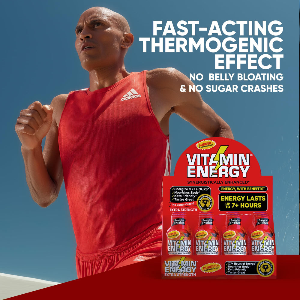 Vitamin Energy Burner+ Shot 48-pack box shown for travel and on-the-go use.