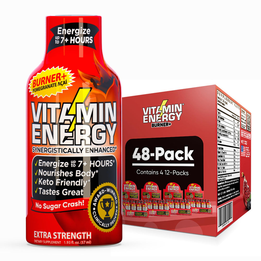 Vitamin Energy Burner+ Shot front view highlights zero sugar and caffeine boost for workouts.