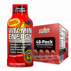 Vitamin Energy Burner+ Shot front view highlights zero sugar and caffeine boost for workouts.