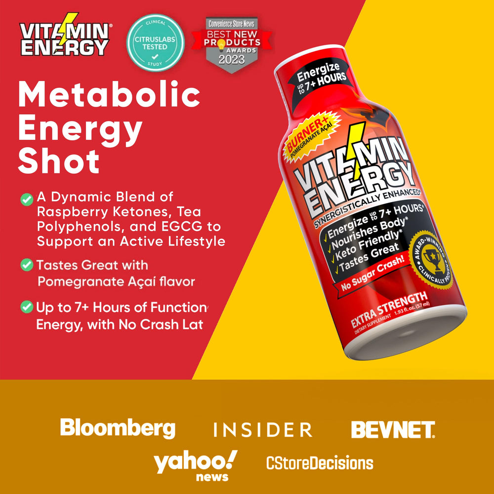 Vitamin Energy Burner+ Shot vegan and gluten-free packaging highlights ingredients.