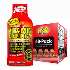 Vitamin Energy Focus+ tropical infusion shot bottle for on-the-go energy and clarity.