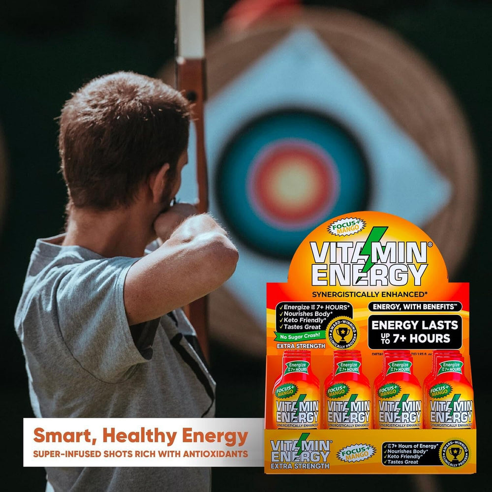 Vitamin Energy Focus Mango Shot 48-pack box shown for bulk purchase.