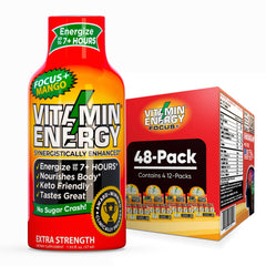 Vitamin Energy Focus Mango Shot front of 48-pack with bold branding for quick energy.