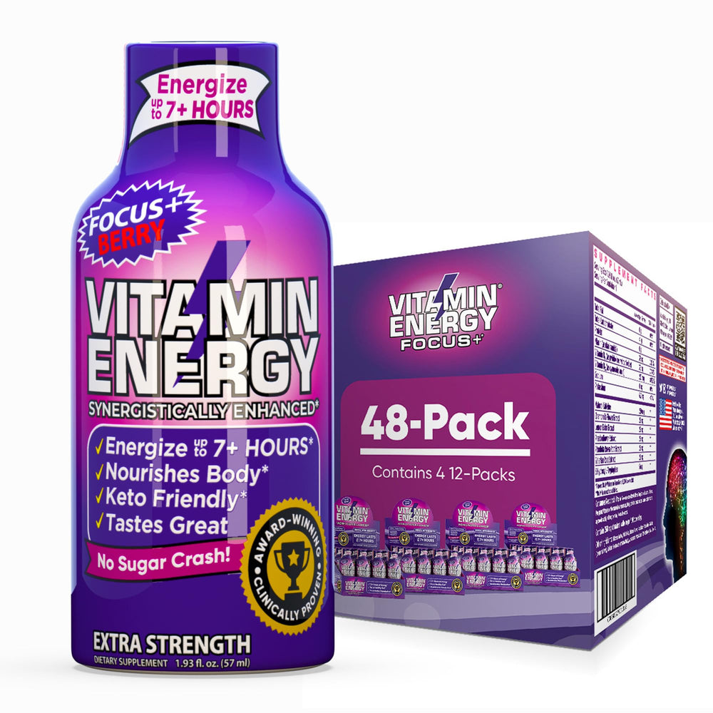 Vitamin Energy Focus+ Berry Shot bottle on counter for quick daytime energy and focus