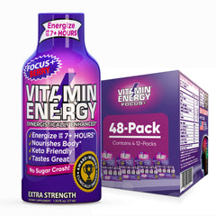 Vitamin Energy Focus+ Berry Shot bottle on counter for quick daytime energy and focus