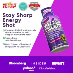 Vitamin Energy Focus+ Berry Shot serving on table with glass, suggesting sustained energy.
