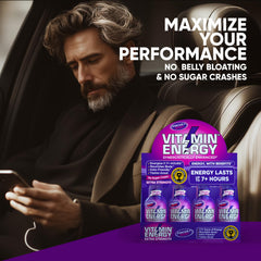Vitamin Energy Focus+ Berry Shot single-serve packet beside smartphone.