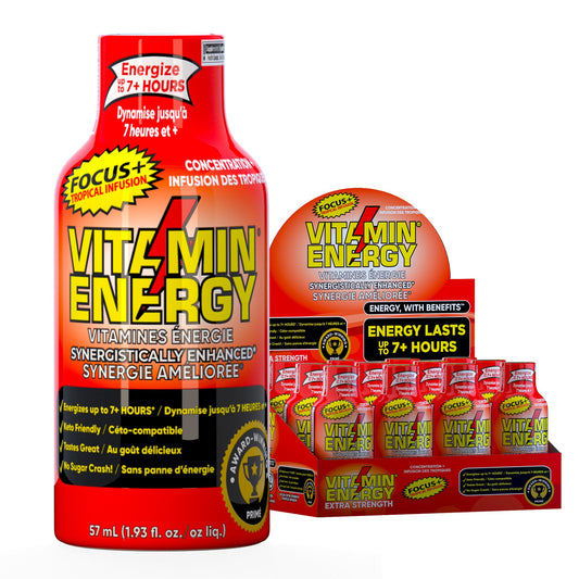 Vitamin Energy Focus+ Tropical bottle view showcasing portable energy and focus boost.